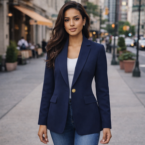 Blazer sur mesure pour <span class=keywords><strong>femme</strong></span> en lin pur <span class=keywords><strong>bleu</strong></span> <span class=keywords><strong>marine</strong></span>, avec un seul bouton doré, revers cranté, manches longues, coupe ajustée, style business décontracté - Product Image 1