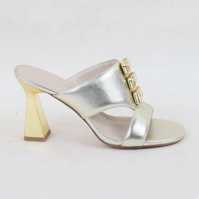 2024 New Fashion Mules Female Round Peep Toe Strange Chunky Heels with Rhinestone Gold Leather Sandals Slipper