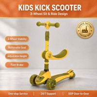 Patinete 2 en 1 para Niños con Asiento, 3 Ruedas Ajustables, Patinete Infantil con Ruedas Antideslizantes y Luces Intermitentes, Patinete Plegable para Niños