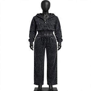 Women’s Acid Wash Tracksuit Set <b>Cropped</b> Zip Up Hoodie Wide Leg <b>Pants</b> Vintage Streetwear Two Piece Set OEM Manufacturer - Product Image 1