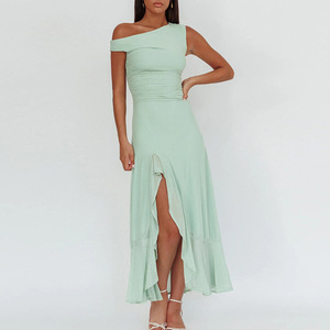 Vestido midi con abertura en un hombro para mujer, elegante, transpirable, con dobladillo en forma de Y, para la noche. - Product Image 1