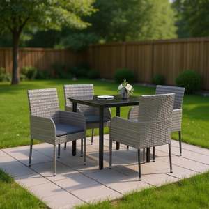 Set da Pranzo da Giardino in Rattan Grigio per 4 Persone, Resistente alle Intemperie, Design Contemporaneo con Struttura in Metallo - Product Image 2