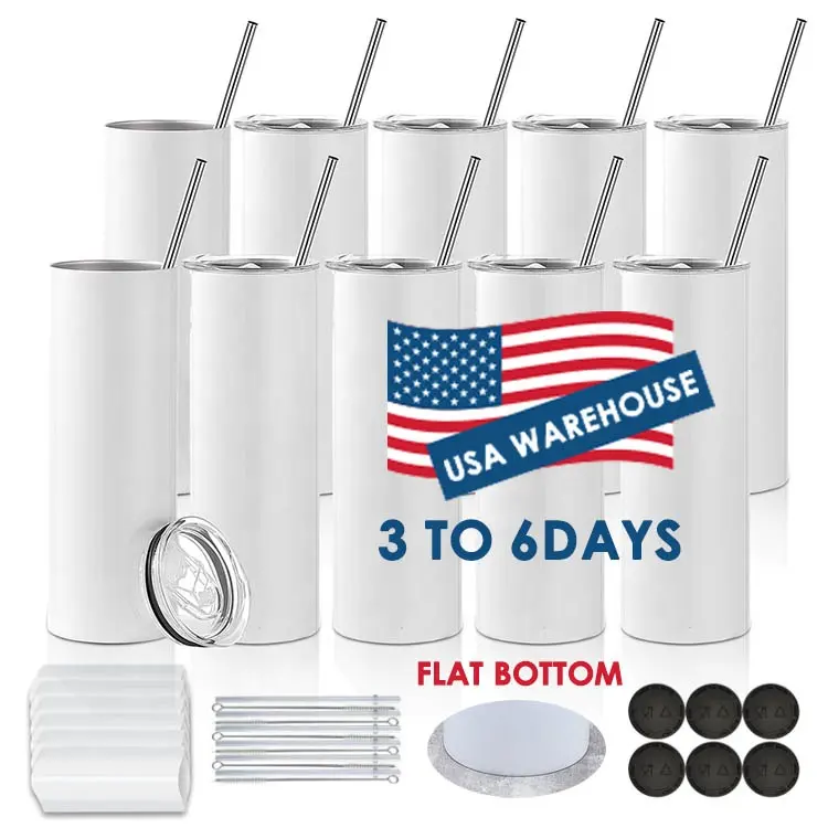 Usa Warehouse Double Wall Flat Edge Stainless Steel 20oz Skinny Straight Sublimation Blank Tumbler with Lid and Straw