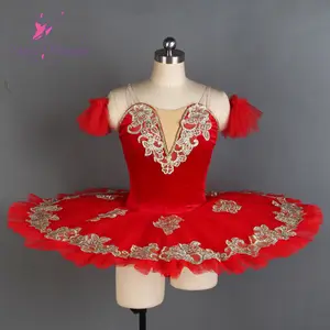 Bll097 vestido de dança para meninas, traje de vestido com tutu para dança vermelho e dourado veludo