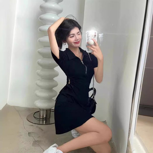 Polo Collar Dress Women Summer 2024 Pink Solid Color Drawstring Waist Cinching Casual Daily Wear Short Skirt - Product Image 3