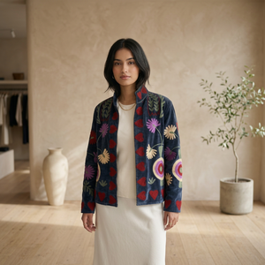 Rosa Notte Reversible Woven Hand Embroidered Velvet Pullover <b>Jacket</b> Full Sleeve <b>Mandarin</b> <b>Collar</b> Floral Pattern Autumn Boho Style - Product Image 3