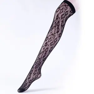 Retro Over Knee Knitting Sexy Leopard Pattern Jacquard Fishnet Thigh High Black Mesh Fish Net Socks for Women