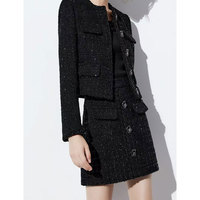 CUSTOM paillettes méné bureau costume décontracté col rond à manches longues simple boutonnage manteau Mini jupe crayon femmes laine mélanges Tweed 2 pièces