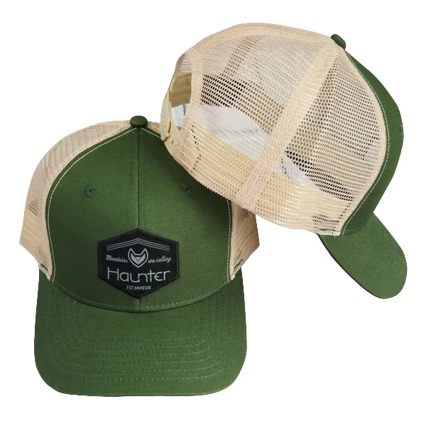 Custom คุณภาพสูงกึ่งโค้งสีเขียว 6 แผง trucker หมวกฝ้ายหมวกตาข่ายทอเย็บปักถักร้อย edge