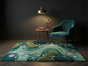 Teal Green Wool Area <b>Rug</b> Crafted with Moss Hand Tufted Floral River Artwork for Living Room Bedroom <b>Nursery</b> Kids Room Play Area - Product Image 5