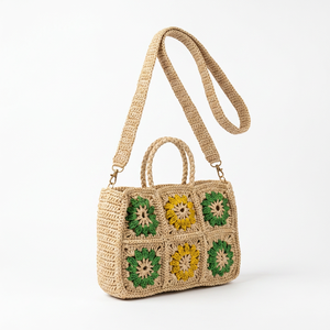 Sac à bandoulière pour femme en crochet, motif floral, style bohème, usage quotidien estival, fermeture à deux fermetures éclair, beige, vert, jaune, 50-65 cm - Product Image 3
