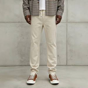 Pantalones Vaqueros para Hombre, Color Beige Jaspeado, Cintura Elástica con Cordón, Corte Relajado, Pierna Recta, Cómodos para Uso Diario, Estilo Casual Urbano - Product Image 1