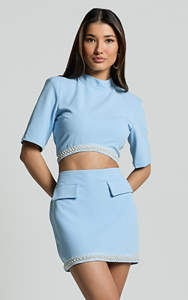 Su misura O collo a maniche corte con perline e perline Mini gonna corta <span class=keywords><strong>abbigliamento</strong></span> fabbrica Set da <span class=keywords><strong>donna</strong></span> 2 pezzi - Product Image 3