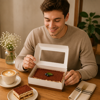 Boîte à tiramisu jetable en carton ivoire avec fenêtre transparente et logo personnalisé