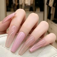 Kit de 24 faux ongles réutilisables en PMMA, finition de luxe, forme cercueil, longs, à presser, dégradé rose avec strass, pour doigts
