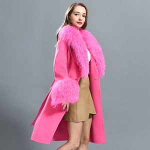 Gabardina Larga de Lujo para <span class=keywords><strong>Mujer</strong></span>, con Doble Abotonadura, Cuello de Piel Auténtica de Cordero Mongol, Transpirable, de Doble Cara, para Invierno, Venta al por Mayor - Product Image 3