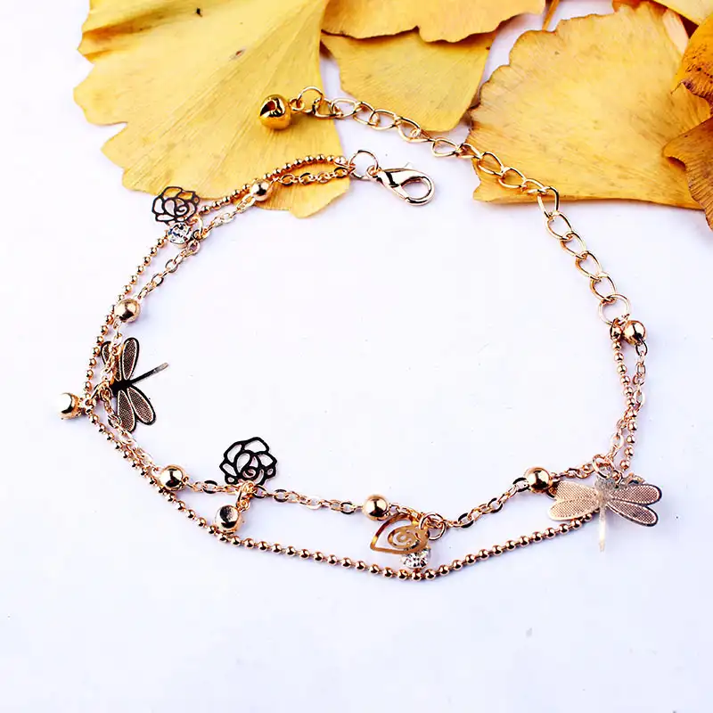 Summer versatile rose Dragonfly butterfly leaf shell diamond foot chain women's double-layer foot chain