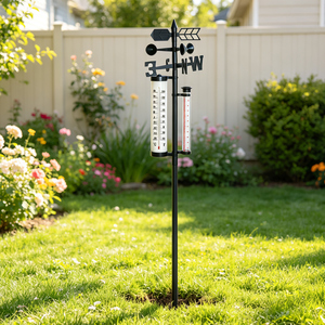 Station météo de jardin extérieure 3-en-1 : aiguille à vent, pluviomètre et thermomètre – Piquet de mesure météorologique pour pelouse et cour arrière - Product Image 1