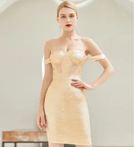 Glänzende goldene Beschichtung Party Bodycon knielange Kleider von der Schulter Damen Bandage Kleid