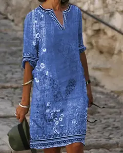 ファッショナブルなミドルレングスVネックスカートドレス2024春夏女性のエスニックスタイルのカジュアルな服