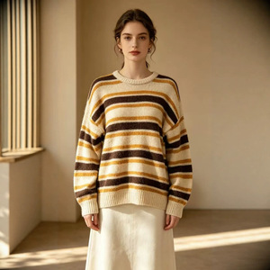 Pull en coton tricoté à manches longues pour femme avec logo personnalisé OEM, col rond, décontracté, hiver, rayures sur le devant, séchage rapide, respirant - Product Image 3