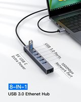 FORIDA HYD-9967H Aluminium USB 3.0 8-Port Ethernet Adapter Hub Kabel Panjang 3,9 kaki Daya 5V/3A |   Kompatibel dengan USB Extender (Cina)