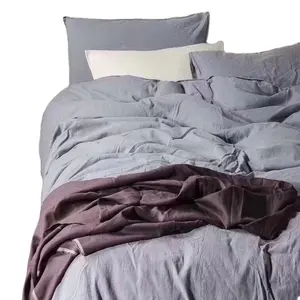 Jogo de cama 100% algodão, conjunto de roupa de cama nova lavada de algodão de cor sólida cinza, 4 peças, capa de edredon, jogo de cama