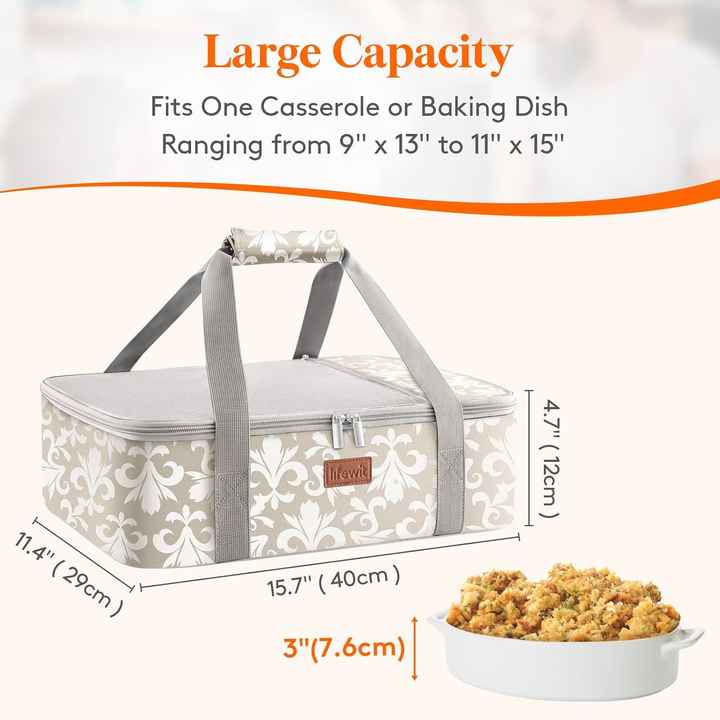 Lifewit Insulated Food Carrier Hot/Cold Casserole Baking Dish Bag for 9\"x13\" Lasagna for Picnics Parties Cookouts-Grey