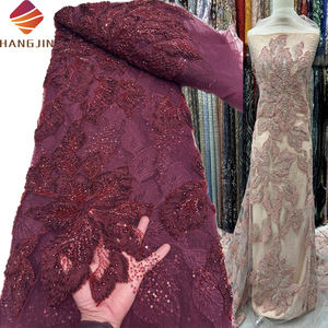 Vino 3D flor bordado perlas hecho a mano encaje con cuentas lujo francés red <span class=keywords><strong>tul</strong></span> <span class=keywords><strong>tela</strong></span> de encaje con lentejuelas para vestido de fiesta de noche - Product Image 1