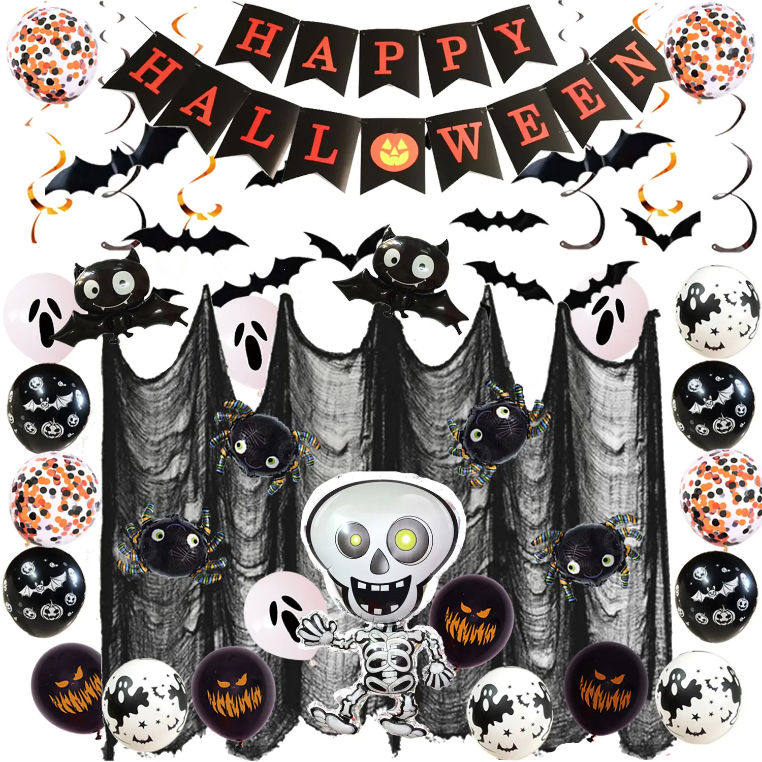 Ballon de crâne d'halloween, trou noir, maille, gaze, bannière d'halloween, pull drapeau 3D, autocollants de chauve-souris, ornements suspendus en spirale