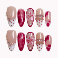 Ongles en acrylique à presser, motifs 3D fleurs, perles et strass, logo personnalisable, longueur moyenne, forme amande, pour salons de manucure en gros