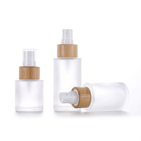 Botol air kulit, wadah air perawatan kulit, botol pompa bambu, tutup Losion semprot bambu, botol datar kaca bening buram 30/100ml