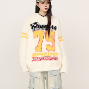 2025 moda donna pensa Top oversize invernale Casual Pullover manica lunga <span class=keywords><strong>con</strong></span> decorazione <span class=keywords><strong>in</strong></span> <span class=keywords><strong>pizzo</strong></span> stampa chiusura a <span class=keywords><strong>maglia</strong></span> - Product Image 3