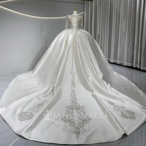 JFH31 Precioso vestido de novia de satén con mangas largas y cristales para boda - Product Image 4