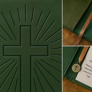 Green Prayer Journal A5 Faux Leather Debossed Cross Christian Devotional Notebook Ribbon <b>Bookmark</b> Sewing Gift Daily Bible Study - Product Image 2