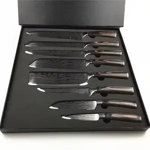 Best Product 8 Pieces Handmade Forged Damascus Steel Knife 8 Inch Damascus Steel Laser Pattern Kitchen Chef Knife Set