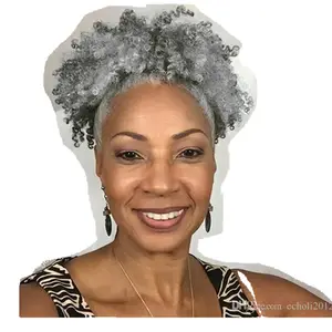 Salt and pepper hair ,silver grey natural hair puff bun for black women,Clip in drawstring Grey ponytail human hair 120g