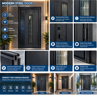 Porte d'entrée en acier pour villa moderne, porte extérieure simple battante avec verre trempé décoratif pour maison résidentielle