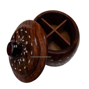 Elegante caja redonda de madera de Sheesham con incrustaciones blancas, organizador de cocina hecho a mano con 4 contenedores, perfecto para especias y hierbas - Product Image 1