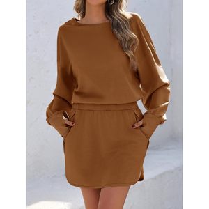 Robe de sport à manches longues pour femme avec short intégré, coupe ample, vêtement de sport respirant en maille pour le printemps et l'été, couleur café - Product Image 3