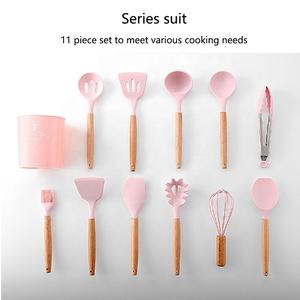 بسعر المصنع مجموعة أدوات مطبخ ملونة 12 قطعة ، أواني سيليكون من الفولاذ المقاوم للصدأ ، مقبض خشبي للمطبخ المنزلي - Product Image 4