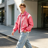Veste en cuir PU brodée vintage décontractée de style streetwear de haute qualité pour hommes, avec fermeture éclair et poches, pour l'hiver