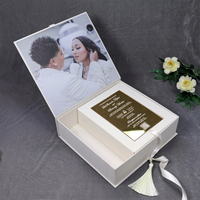Boîte cadeau de luxe avec couvercle photo, miroir acrylique doré, invitation de mariage personnalisée, invitation de mariage en boîte avec ruban à pompon