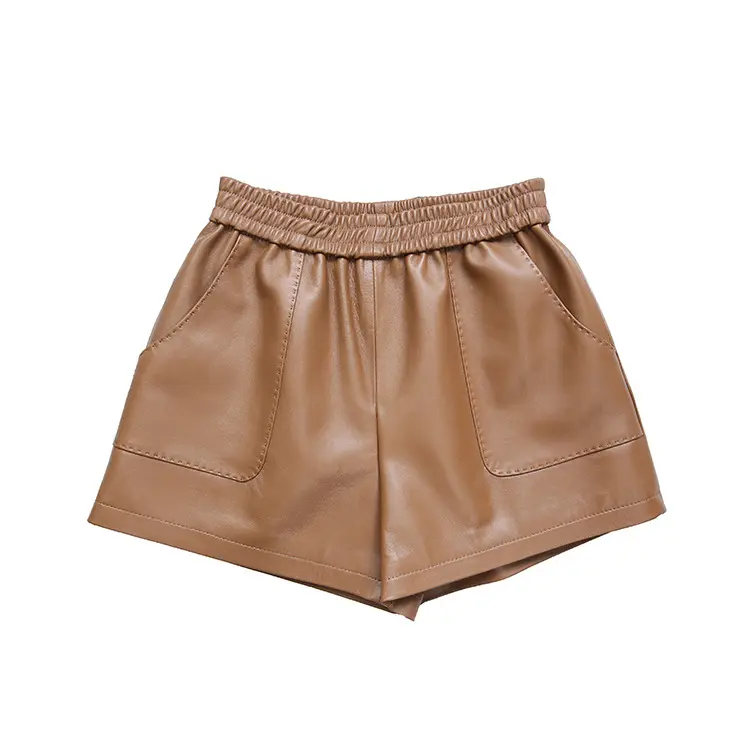 New Fashion Women Outdoor Wear Casual Ladies Elastic Shorts With Pockets Sheepskin Black Leather Shorts Women