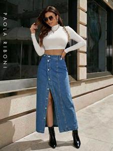 Jupe en jean taille haute multi-boutons pour femme – Style élégant et streetwear, design respirant pour l'été - Product Image 2
