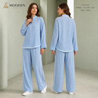 Ensemble coordonné modeste : Tunique à col montant et demi-zip et pantalon large à passepoil en lin bleu clair – Fabrication OEM/ODM