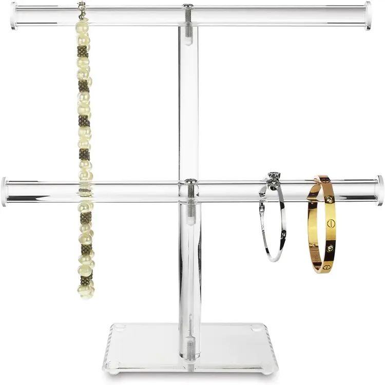 Expositor de pulseira acrílica redonda, suporte de exibição 2 tier t-bar jóias, suporte de exibição de pulseira
