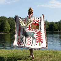Plaid Jacquard en Polyester et Coton à Pompons, Motif Élan de Noël, Housse de Canapé Personnalisée pour Maison et Hôtel