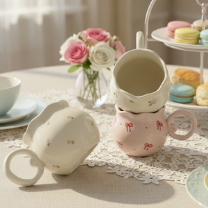 Mug en céramique style coréen, capacité 330 ml, design plissé fait main, mug en porcelaine pour le thé de l'après-midi, cadeaux, compatible lave-vaisselle - Product Image 5
