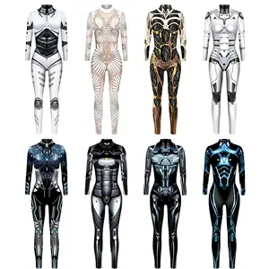 ליל כל הקדושים קוספליי רובוט תלבושות הדוק אלסטי 3D דפוס דיגיטלי מכונת שריון בגד גוף סרבל לנשים